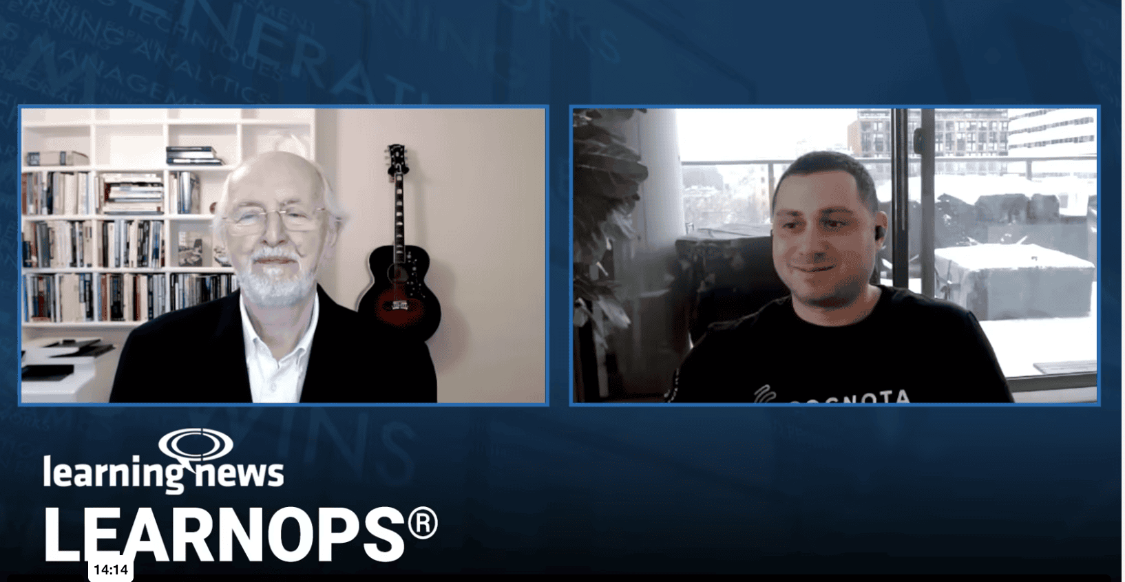Two men are having a video call interview. The man on the left, sitting by bookshelves and a guitar, discusses LearnOps and leadership. The man on the right sits by a window. "learning news" and "LEARNOPS®" appear at the bottom of the screen. - Cognota